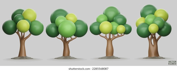 Conjunto de árboles aislados en un fondo blanco. Árbol 3D para diseño de paisaje, jardín y árbol verde de parque. Iconos para mapas de la ciudad y juegos. Colección de plantas forestales verdes. Ilustración vectorial 3d.