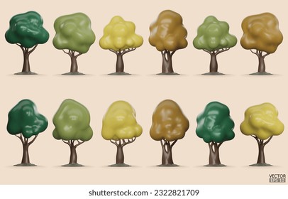 Set of Trees isolated on a white background. 3D tree for landscape design, Garden, and park green tree. Icons for city maps, and games. Autumn forest plants collection. 3d render vector illustration.