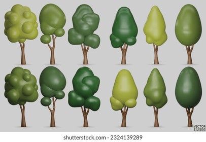 Set of Trees isolated on a white background. 3D tree for landscape design, Garden, and park green tree. Icons for city maps, and games. Green forest plants collection. 3d render vector illustration.
