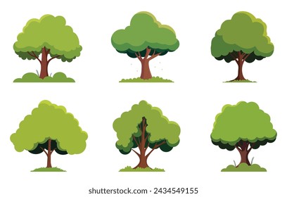 Set of trees isolated on a white background. Each species of tree. A tree with green leaves and a bush under it. Vector illustration flat design style