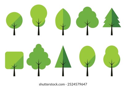 Conjunto de árboles aislados sobre un fondo blanco. Estilo de diseño plano de Ilustración vectorial