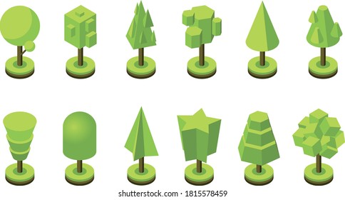 Set of trees in isometric green color icon.