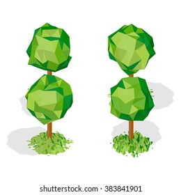 Set of trees in isometric perspective, polygonal style, isolated on white background.