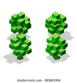 Set of trees in isometric perspective, polygonal style, isolated on white background.
