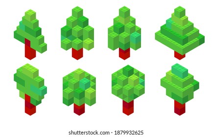 Conjunto de árboles en vista isométrica recogidos de ladrillos de plástico. Coníferas y deciduas. Árbol de Navidad. Ilustración del vector