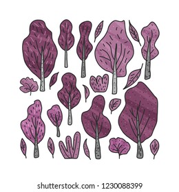 Set of trees, leaves and bushes. Vector illustration of doodle  style elements.