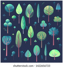 Set of trees with leaves, illustration in flat style. Isolated objects on a dark green background.