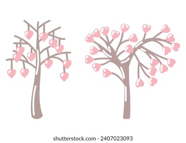 Set of trees with leaves in the shape of a heart. Art for Valentines Day. Vector illustration on white background.