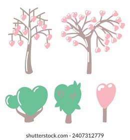 Conjunto de árboles con hojas en forma de corazón. Arte para el Día de San Valentín. Ilustración vectorial sobre fondo blanco.