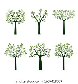 Set of Trees and Leaves. Vector Illustration. Collection of icons.