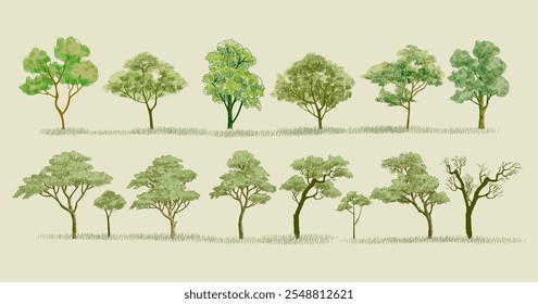 Conjunto de árvores desenho de linha desenhado à mão ilustração vetor elemento. Coleção de ícones de árvore para arquitetura e design de paisagem.