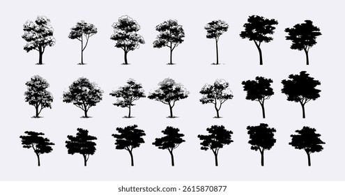 Set of trees line drawing vector illustration. Trees elements outline symbol for architecture and nature landscape.