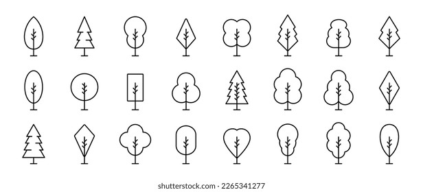 Set of trees linear vector icon. Geometric tree shape, plants, pine, nature and ecology related vector symbol hand drawn contour collection. Line art illustration design for logo, sticker, branding.