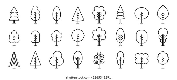 Set of trees linear vector icon. Geometric tree shape, plants, pine, nature and ecology related vector symbol hand drawn contour collection. Line art illustration design for logo, sticker, branding.