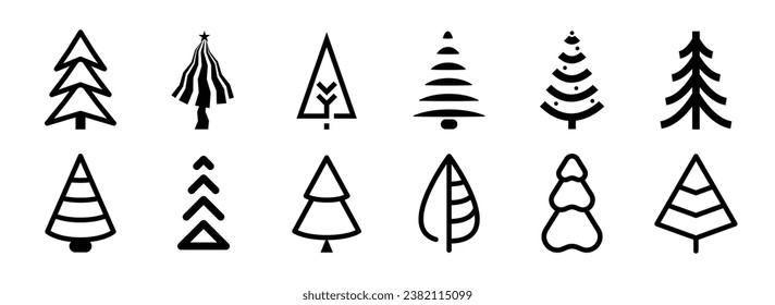 Set of trees linear vector icon. Geometric tree shape, plants, pine, nature and ecology related vector symbol hand drawn contour collection. Line art illustration design for logo, sticker, christmas.