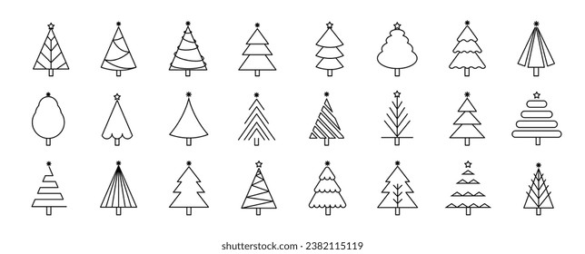 Set of trees linear vector icon. Geometric tree shape, plants, pine, nature and ecology related vector symbol hand drawn contour collection. Line art illustration design for logo, sticker, christmas.