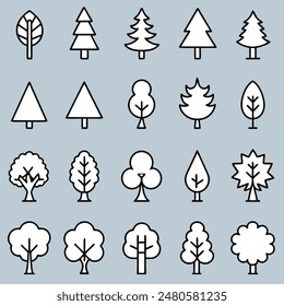 Set of trees linear vector icon. Geometric tree shape, plants, pine, nature and ecology related vector symbol hand drawn contour collection. Line art illustration