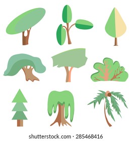 Set of trees made into a flat style. Oak palm, shrub, willow, spruce, poplar. Vector illustration