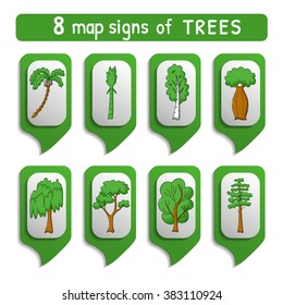 Set of trees map signs in cartoon style