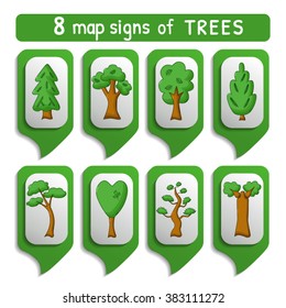 Set of trees map signs in cartoon style