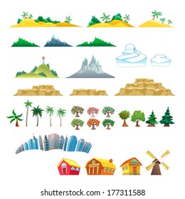 Set of trees, mountains, hills, islands and buildings. Isolated vector objects