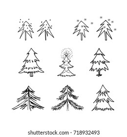 Set of trees for New Year theme. Hand drawn vector design.