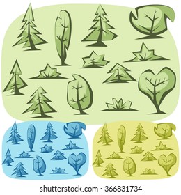 Set of Trees on differens seasons color. Set of trees making greating cards, invitation design and using in game