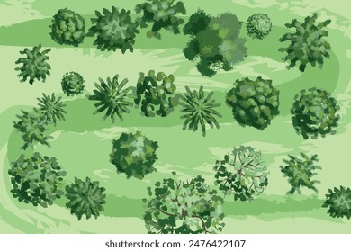 Set of trees on the green field top view illustration. Different plants and trees (View from above) Nature green spaces. Vector illustration.
