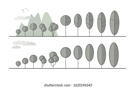 Set of trees on a white background. Elements of nature.