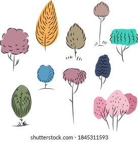 Set of trees on a white background. Elements of nature.