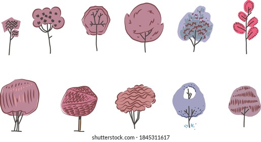 Set of trees on a white background. Elements of nature. 