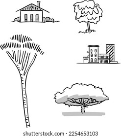 Set of trees on a white background. Elements of nature. Hand drawn sketch of a house.