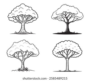 Set of trees outline, pine, palm tree, jungle, winter, forest, and woodland silhouettes vector illustration on isolated white background