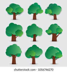 Set of trees with paper art style,vector illustration. 