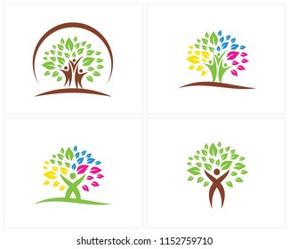 Set of Trees with People logo design template, Movement logo design Vector