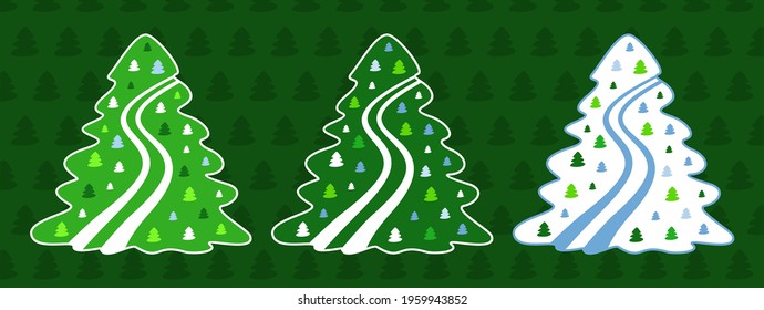 Set of trees, piste. Green background.