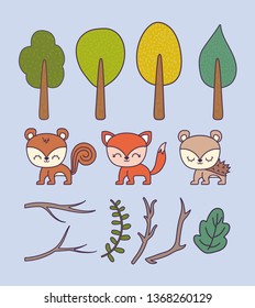 set of trees plants with animals and branches