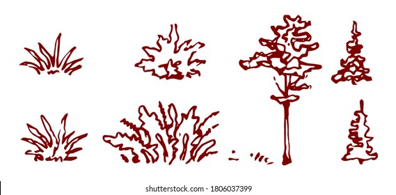 Set of trees and plants. Isolated vector object on white background. A sketch with a felt-tip pen, paper, ink. Forest. Details for the forest.