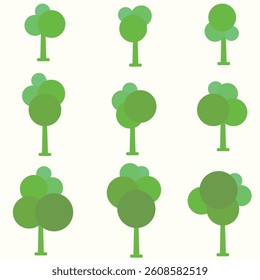 Set of trees in shades of green in flat style. Vector illustration for your design in nature and ecology style. for indicating trees in illustrations in a simplified form