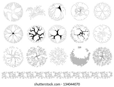 Set of trees and shrubs isolated on white background. Top view. Black and white vector linear graphics.