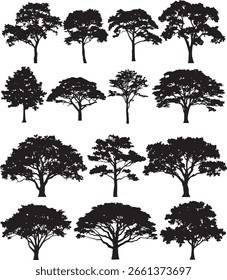 Conjunto de silueta de árboles en blanco y negro