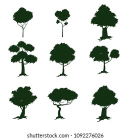 Set of trees, silhouette, cartoon style, isolated, vector, illustration