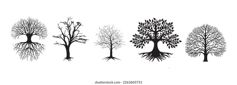 Set of trees silhouette isolated on white background
