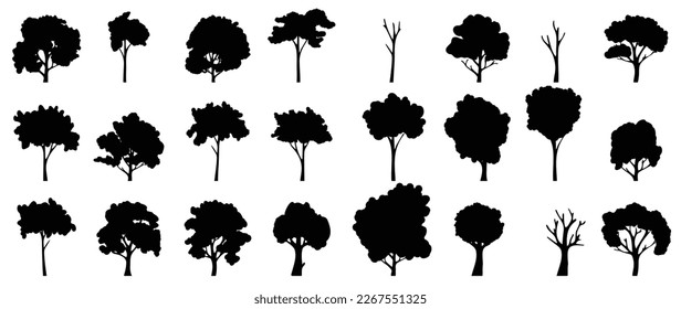 Conjunto de árboles portador de silueta. Árboles forestales, plantas de selva, naturaleza y ecología relacionadas con el símbolo vectorial, colección dibujada a mano aislada en fondo blanco. Diseño para logo, pegatina, marca, arte.