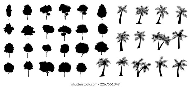 Set of trees silhouette vector. Forest trees, jungle, coconut tree, nature, ecology vector symbol hand drawn collection isolated on white background. Design for logo, sticker, branding, artwork.