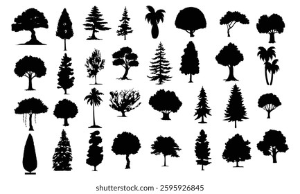set of trees silhouettes, Big set of tree silhouettes. Trees of different natural zones, vector illustration Vector trees illustrations