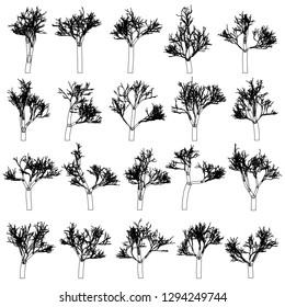 Set of trees silhouettes isolated on white background design elements. CG generated.