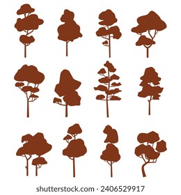 Set of trees silhouettes isolated on white background. Vector illustration.
