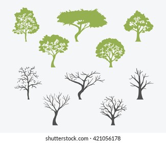 Set Of Trees Silhouettes With Leaves And Bare. Vector Illustration.