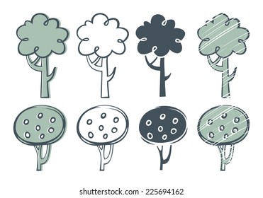 Set of trees sketches in different drawing styles